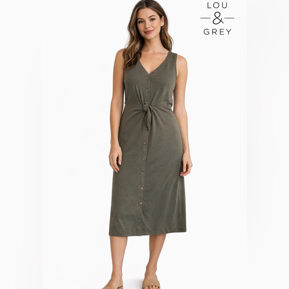 Lou & Grey Olive Gray Modal Blend Button Front Midi Dress Tie Waist Size Small - Picture 1 of 8